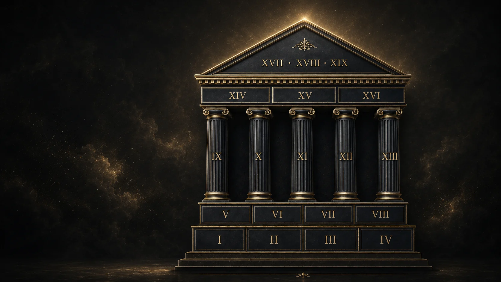 The Numenis XIX — nineteen turnaround disciplines rendered as a classical temple